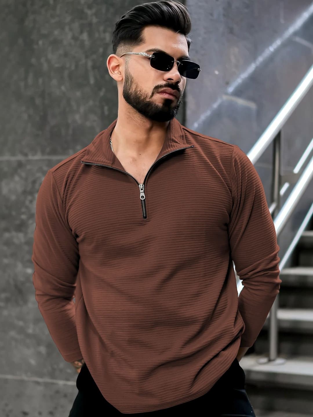 Coffee Brown Self-Design Zip Polo T-Shirt