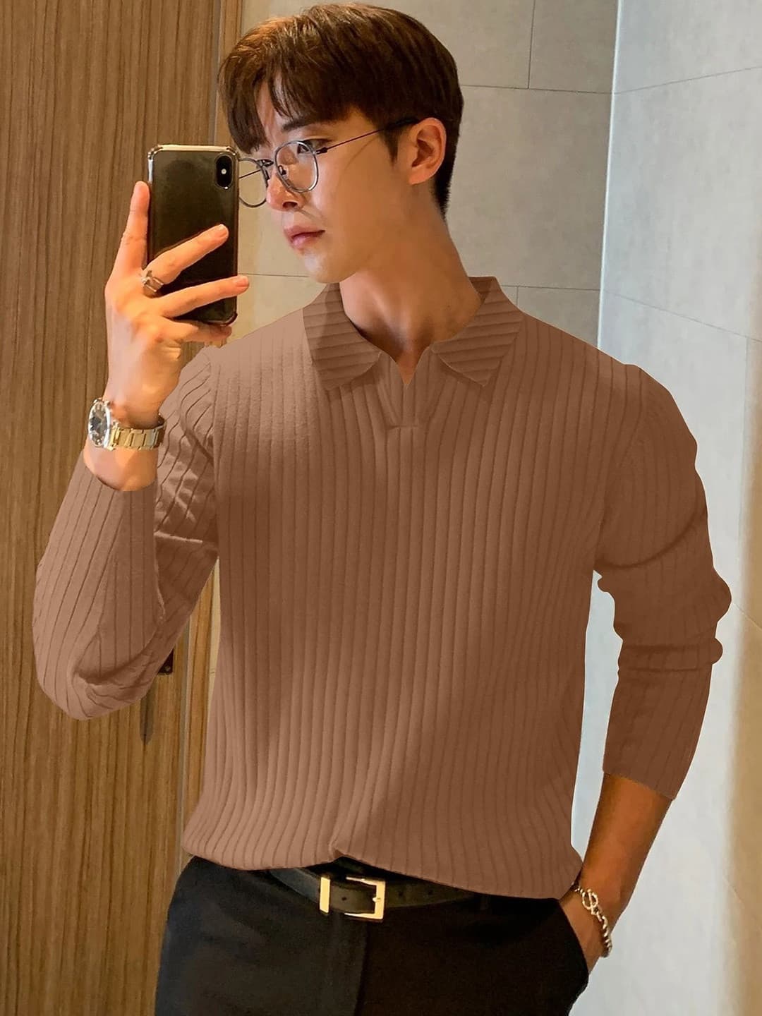 Coffee Brown Ribbed Long-Sleeve Polo T-Shirt