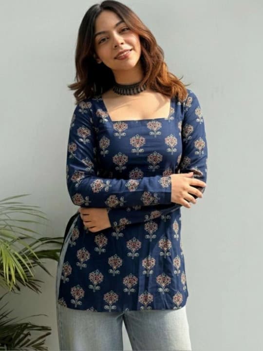 Navy Ethnic-Motifs Square-Neck Kurti